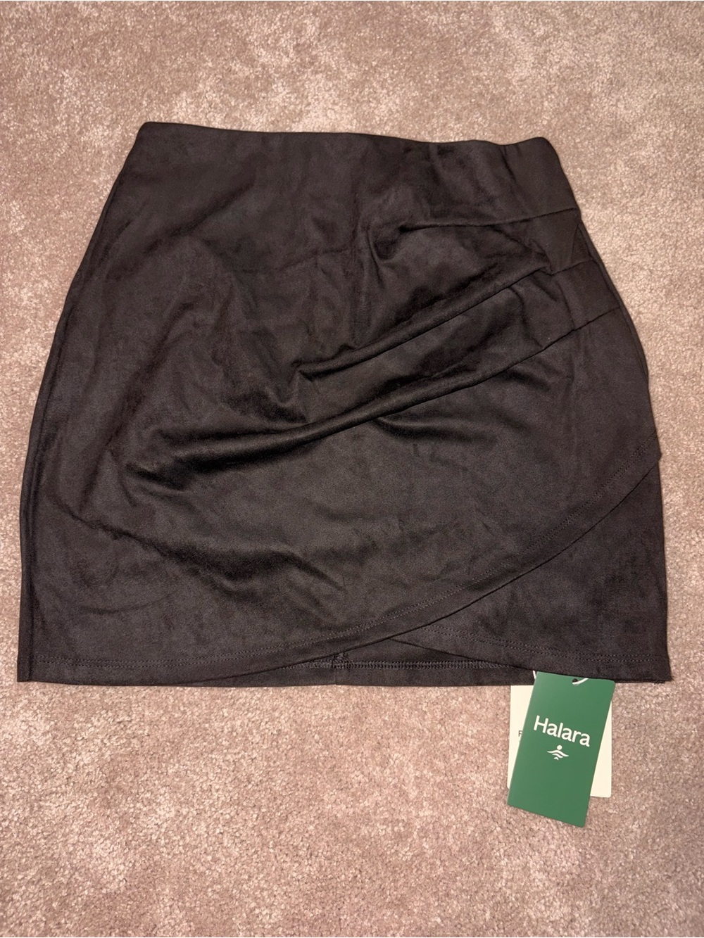 HALARA Black Faux-Suede Wrap-Front Mini Skirt